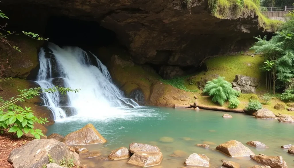 Generate an image of Awhum Waterfall with water cascading through a cave surrounded by lush vegetation.