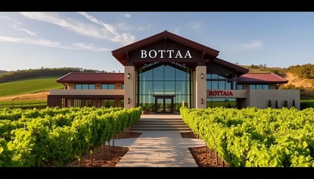 Generate an image of BOTTAIA Winery's modern Italian-inspired architecture with vineyards in the background.