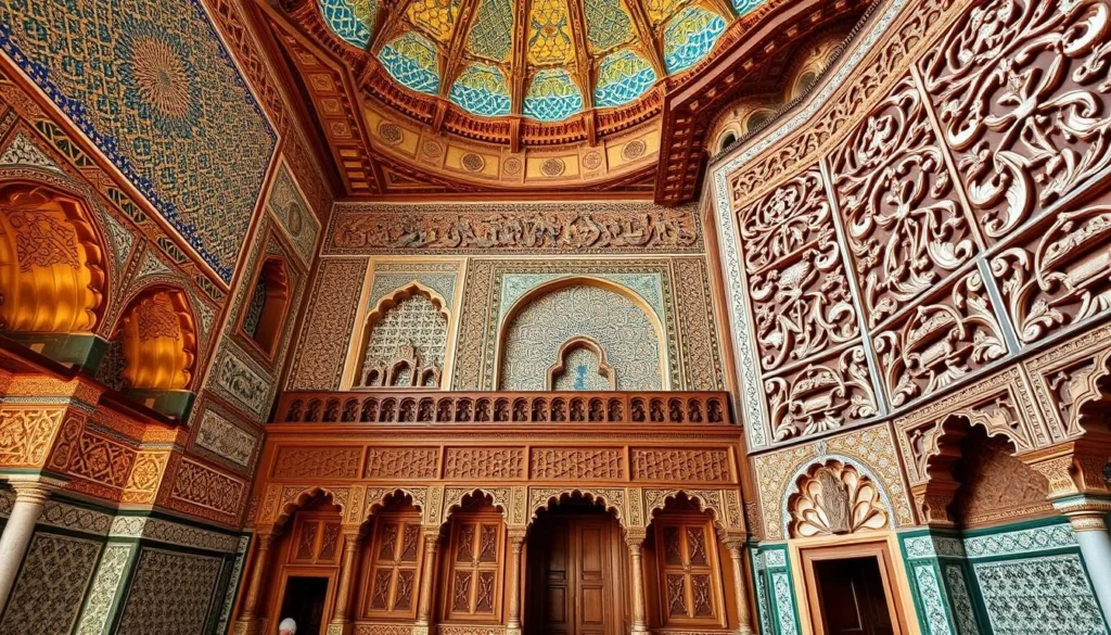 Generate an image of Bahia Palace's intricate mosaics and cedar-wood carvings