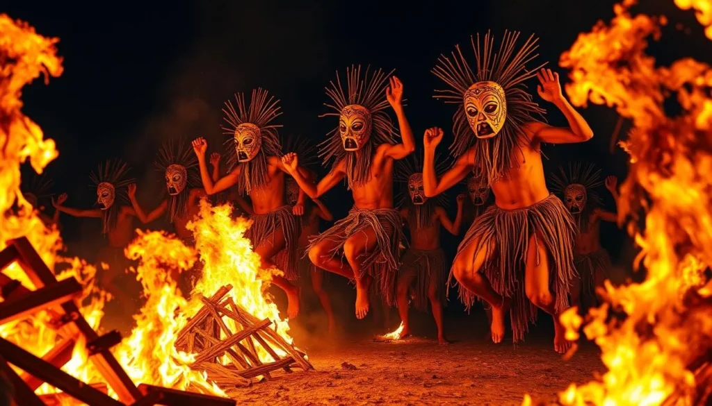 Generate an image of Baining dancers in enormous bark cloth masks leaping through massive bonfires under the night sky.