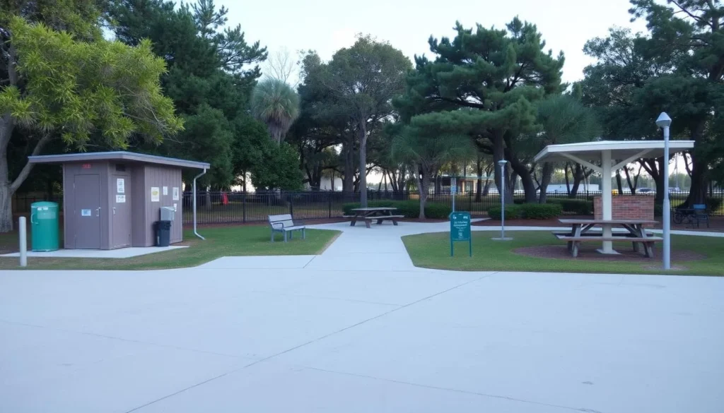 Generate an image of Baldwin Beach Park's facilities, including restrooms, outdoor showers, and picnic areas.