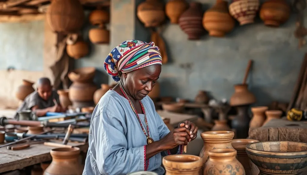 Generate an image of Baoulé artisans at work in the Artisan Village, Bouaké.