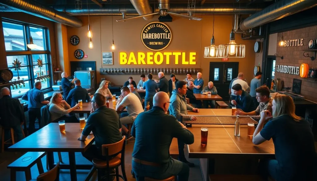 Generate an image of Barebottle Brewing Company's taproom with communal tables and ping-pong.
