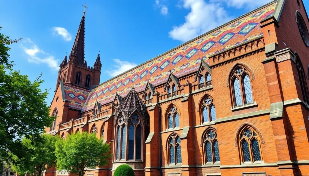 Generate an image of Basel Minster with its striking red sandstone exterior and colorful roof tiles.