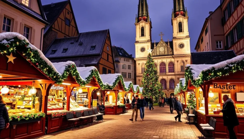 Generate an image of Basel's Christmas Market at Münsterplatz, with over 180 wooden chalets selling handcrafted gifts and seasonal treats.