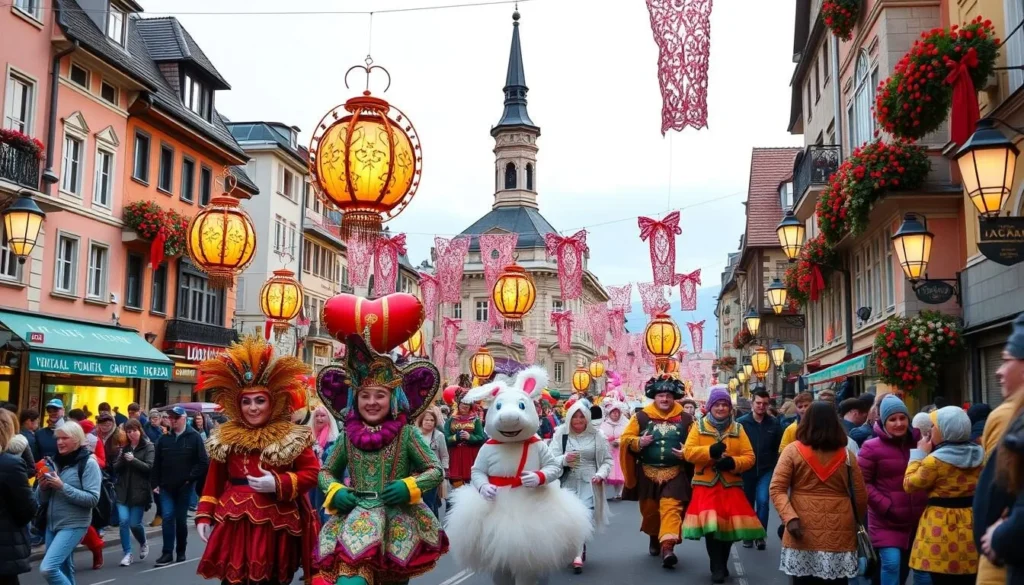 Generate an image of Basel's Fasnacht carnival, with participants in elaborate costumes and lanterns parading through the streets.