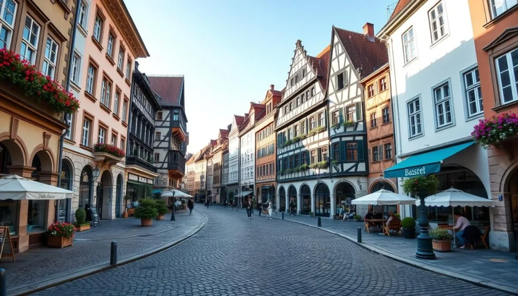 Generate an image of Basel's Old Town with cobblestone streets and historic buildings.