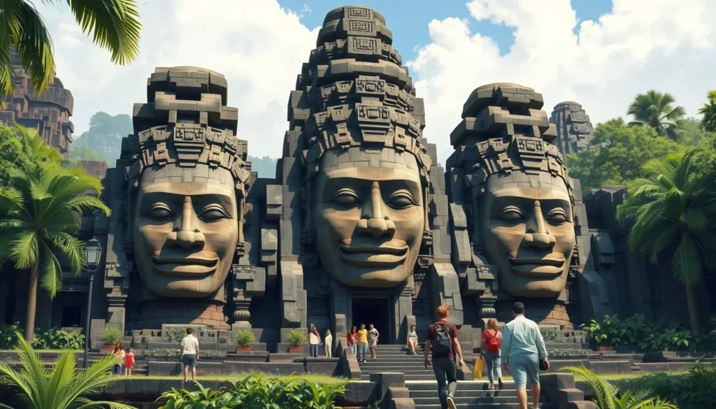 Generate an image of Bayon Temple's giant stone faces, with visitors exploring the intricate carvings.