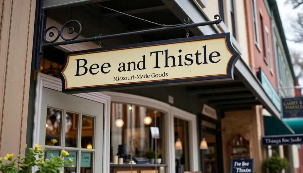 Generate an image of Bee and Thistle storefront with a sign reading "Missouri-Made Goods"