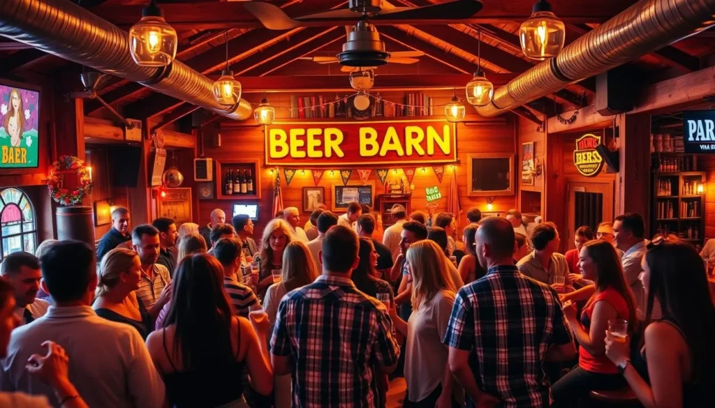 Generate an image of Beer Barn's lively interior with people enjoying drinks and dancing.