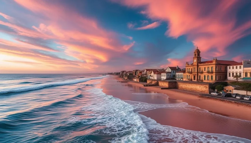 Generate an image of Benguela's coastline, highlighting its beautiful beaches and colonial-era buildings.