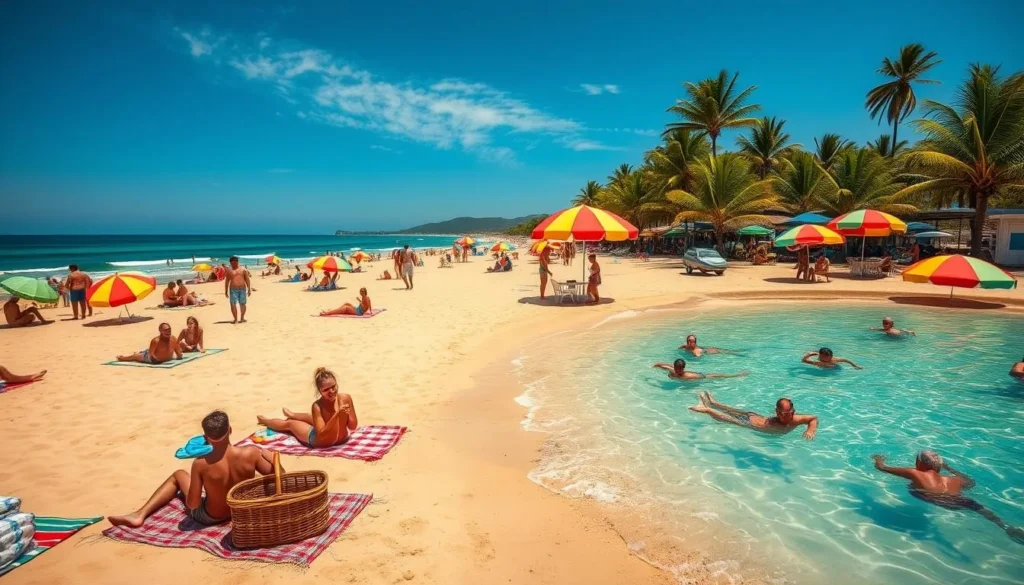 Generate an image of Benina Beach with people swimming, sunbathing, and enjoying picnics.