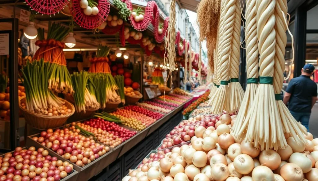 Generate an image of Bern's Zibelemärit onion market with vibrant stalls and onion braids.