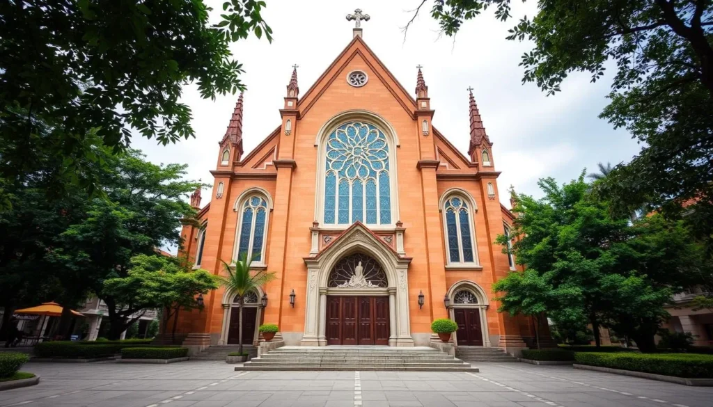 Generate an image of Bien Hoa Cathedral with its stunning stained glass windows and serene surroundings.