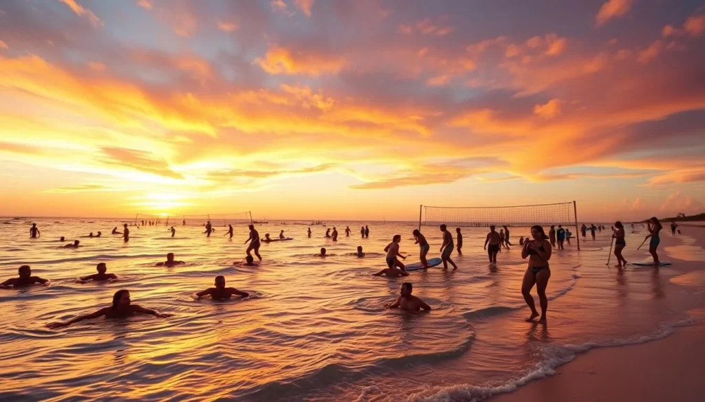Generate an image of Biloxi Beach with people enjoying water activities and a sunset in the background.