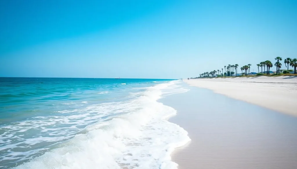 Generate an image of Biloxi's beachfront with a serene atmosphere and clear blue waters.