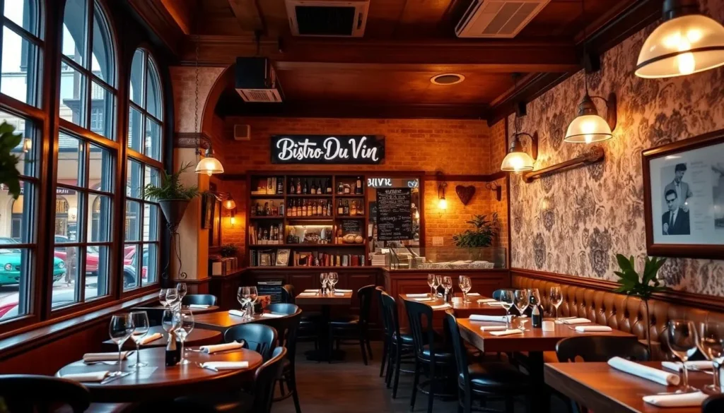 Generate an image of Bistro Du Vin's cozy interior with a warm ambiance, showcasing its French bistro theme.
