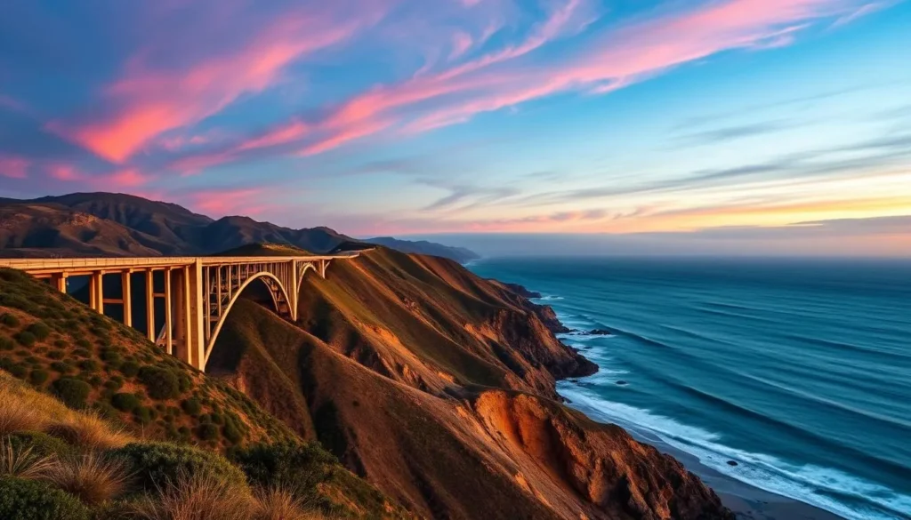 Generate an image of Bixby Creek Bridge during golden hour with the Pacific Coast in the background.