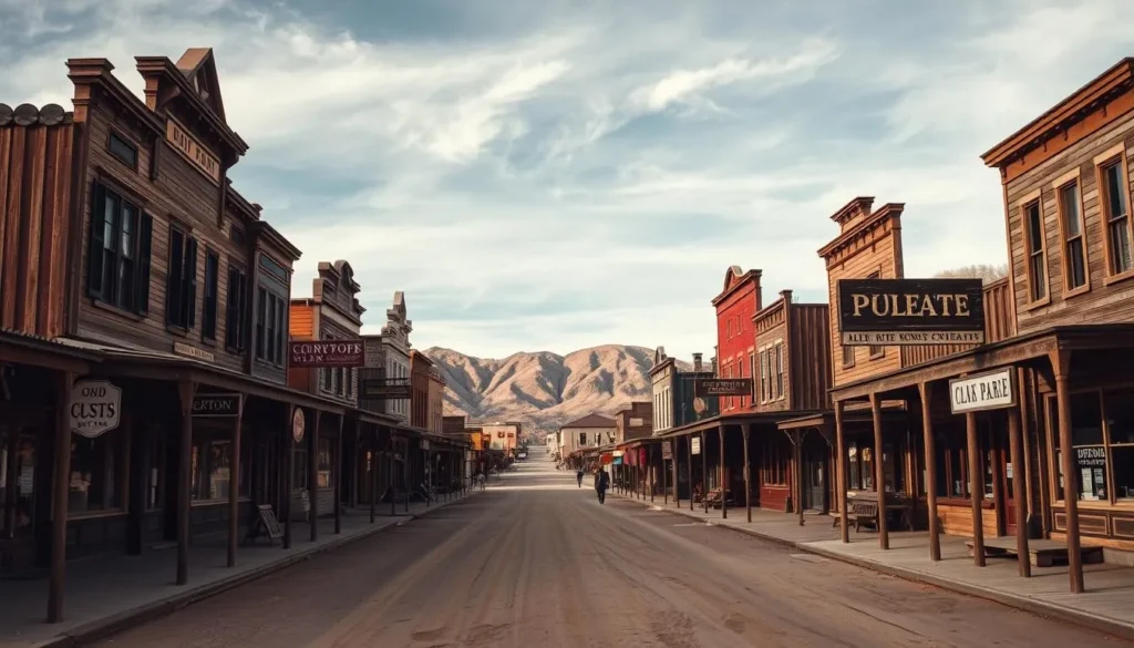 Generate an image of Bodie Ghost Town's main street with preserved buildings from the 19th century.