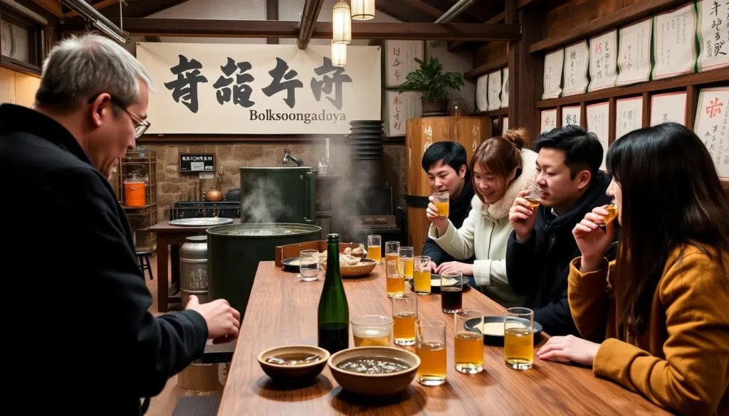 Generate an image of Boksoondoga winery, showcasing the production of makgeolli and a tasting session.
