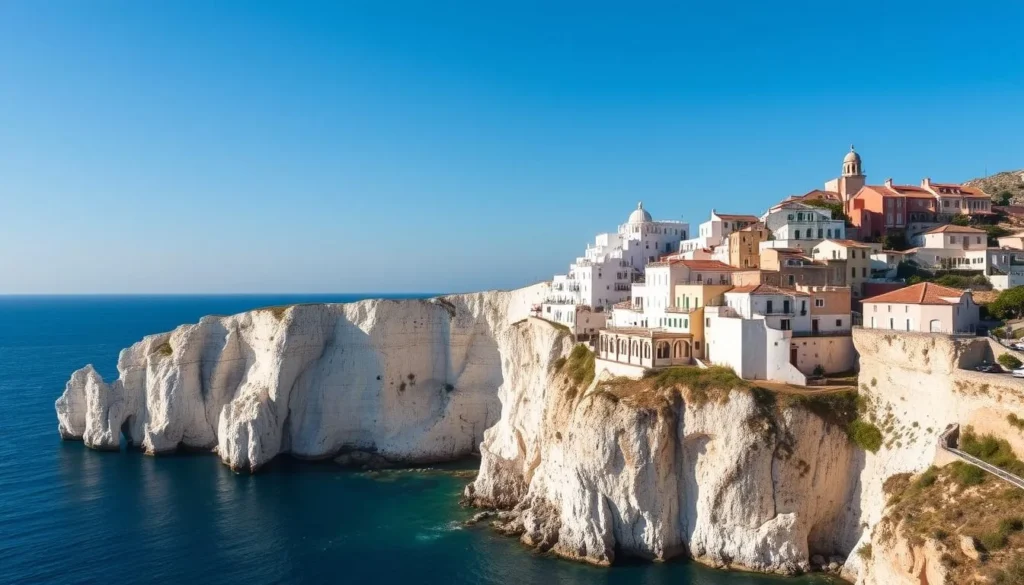 Generate an image of Bonifacio's white limestone cliffs and the town's houses perched on the edge.
