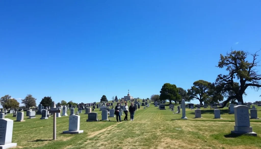 Generate an image of Boot Hill Cemetery in Ogallala, Nebraska, with a clear blue sky and a few visitors walking among the graves.