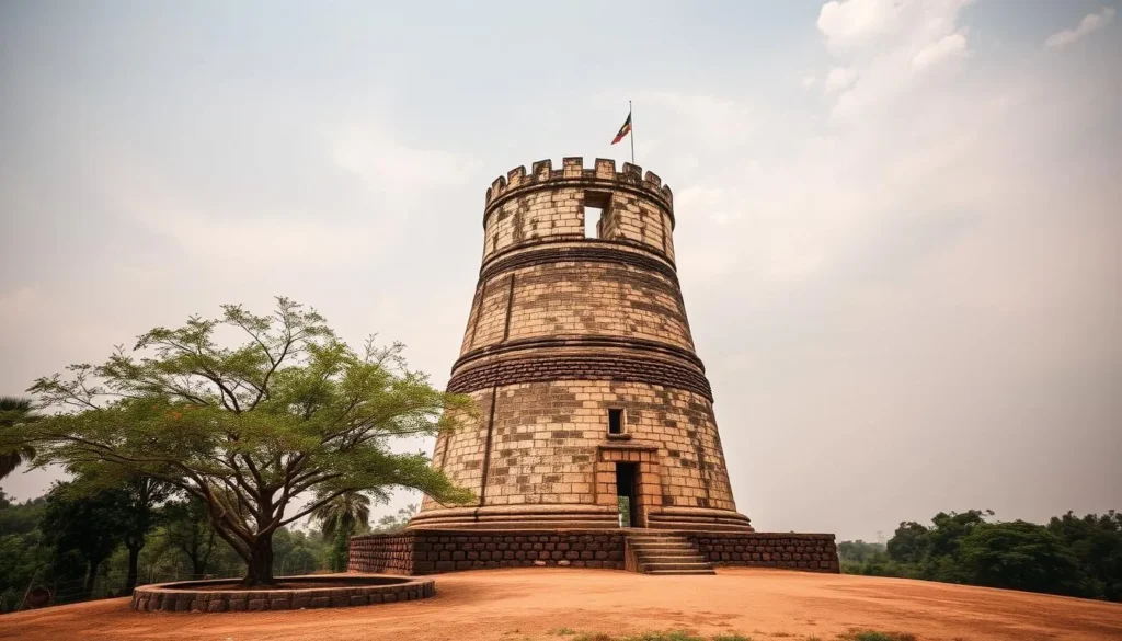 Generate an image of Bower's Tower in Ibadan, Nigeria, highlighting its historical importance.
