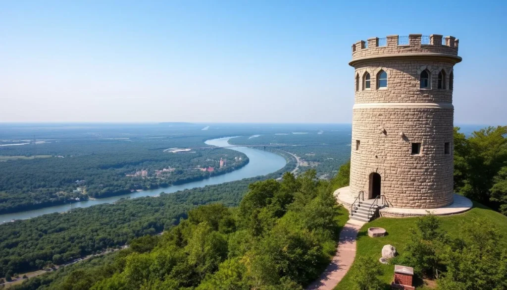 Generate an image of Bowman's Hill Tower with panoramic views of the Delaware River Valley.
