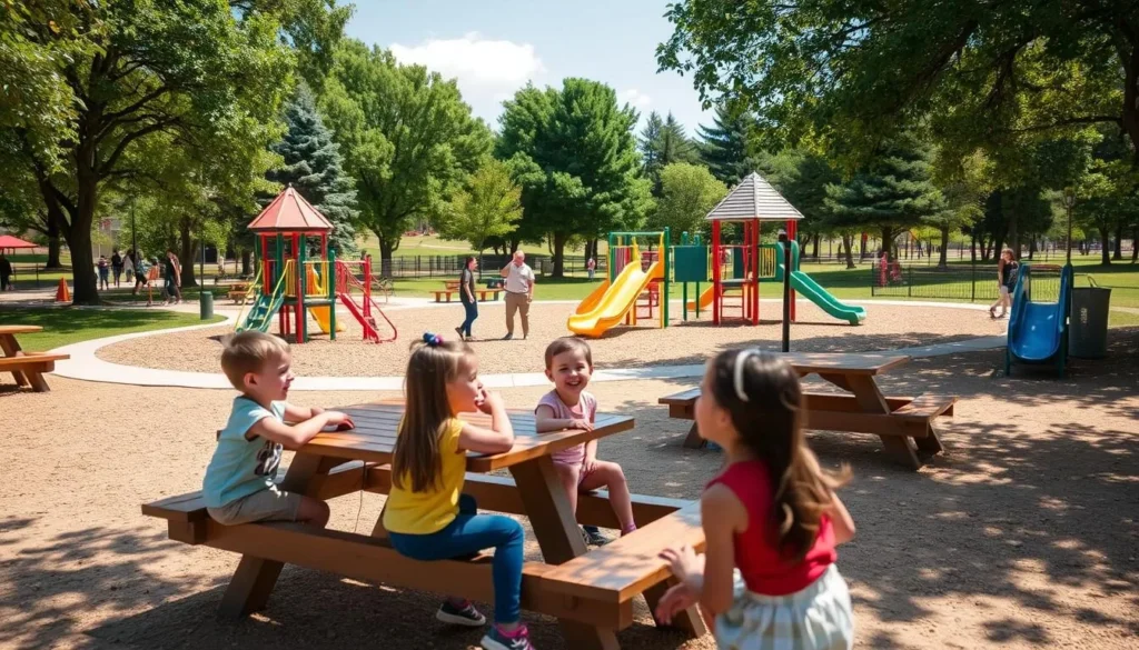 Generate an image of Boyd Memorial Park's playgrounds and picnic areas.