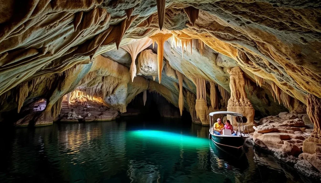 Generate an image of Bridal Cave, showing its impressive stalactites and stalagmites, with a boat docked nearby.