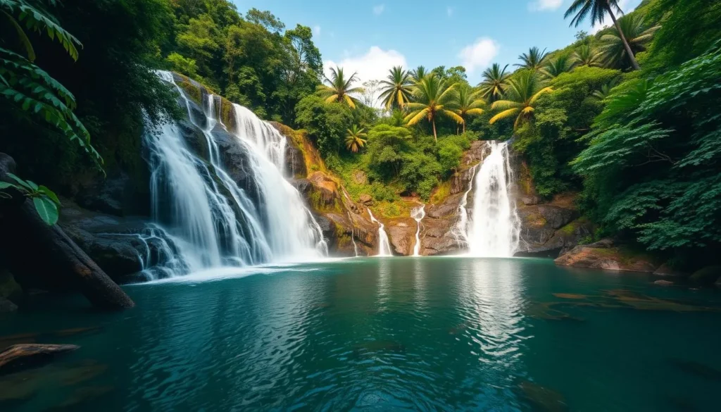 Generate an image of Brigada Waterfalls in General Santos, Philippines, showcasing its cascading water and natural pools.
