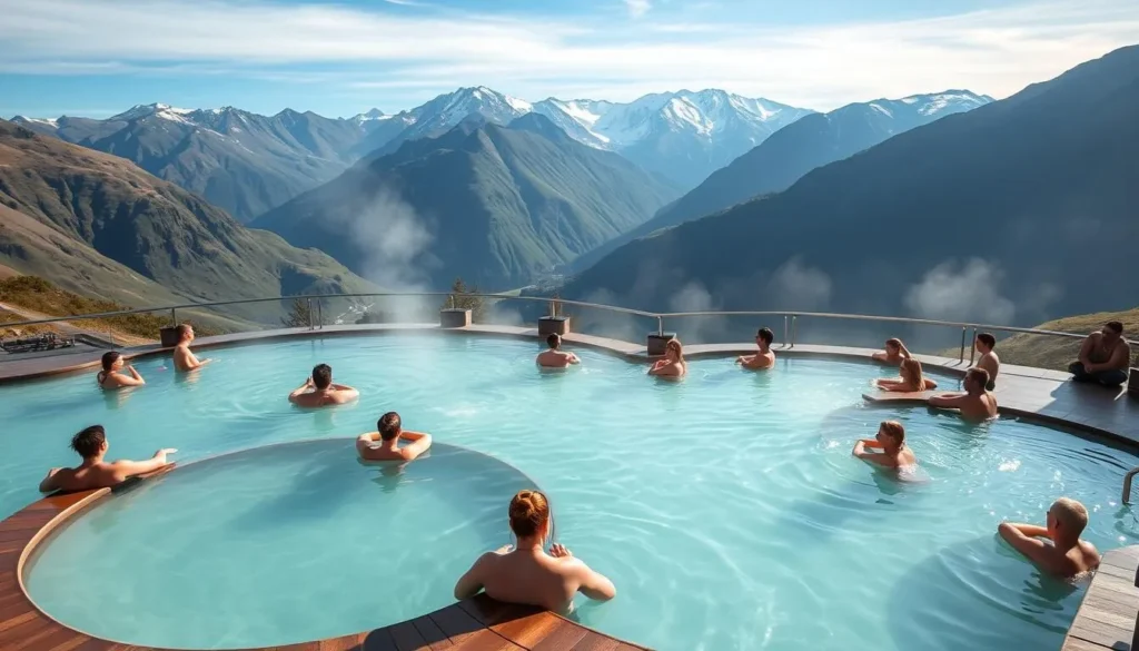 Generate an image of Brigerbad Thermal Baths with people relaxing in outdoor thermal pools surrounded by stunning mountain views.