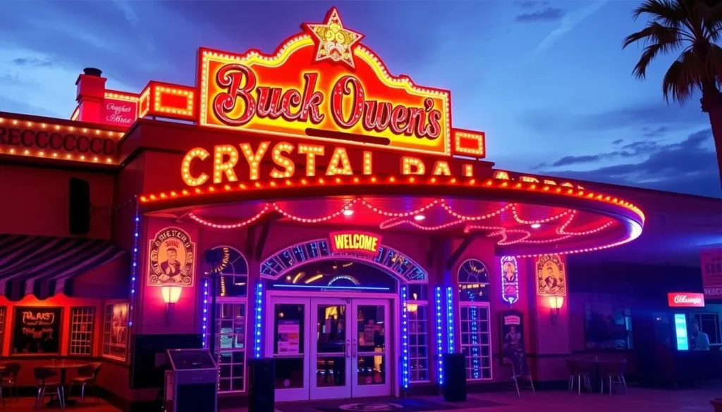 Generate an image of Buck Owens' Crystal Palace, showcasing its unique architecture and lively atmosphere.