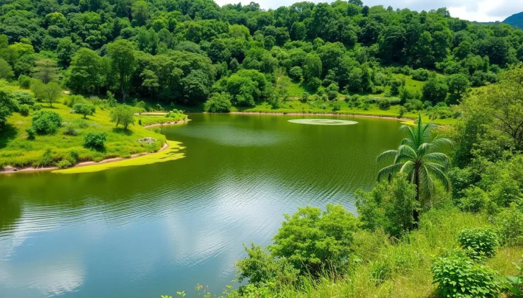 Generate an image of Bueng Chedi Ecological Park, showcasing its serene lakes and lush greenery.