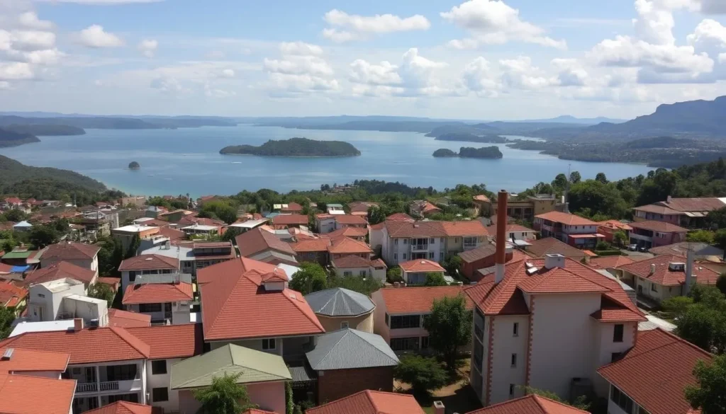 Generate an image of Bukavu cityscape with Lake Kivu in the background