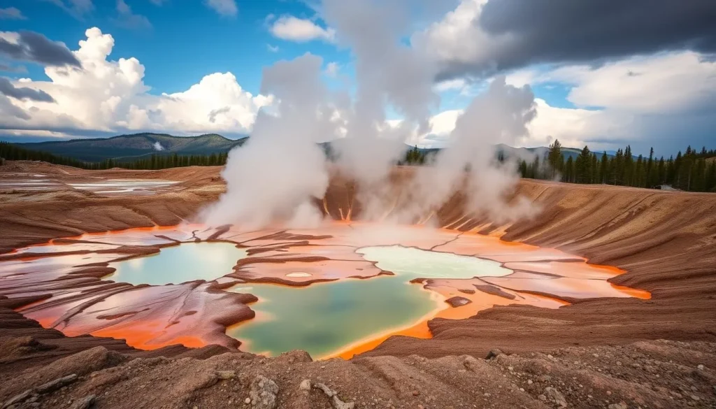 Generate an image of Bumpass Hell in Lassen Volcanic National Park, showcasing its geothermal features like boiling mud pots and steaming vents.