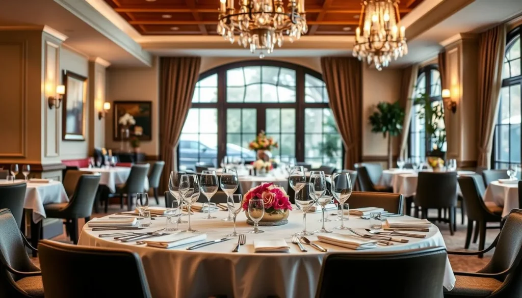 Generate an image of Buona Terra's elegant dining area with a beautifully set table.