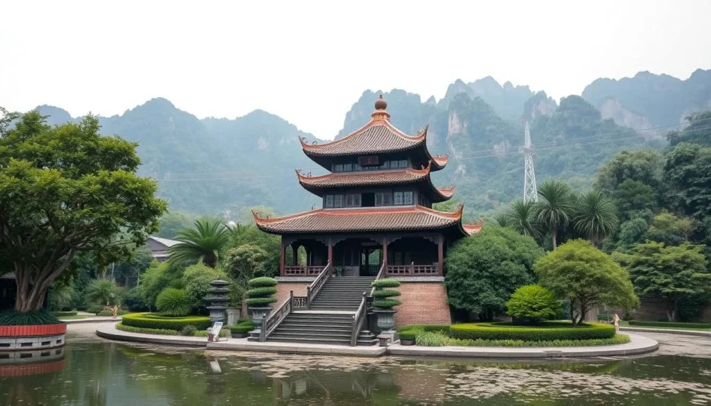 Generate an image of Buu Long Pagoda's serene surroundings and intricate architecture.