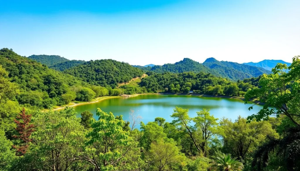 Generate an image of Buu Long Tourist Area with lush greenery and a serene lake.