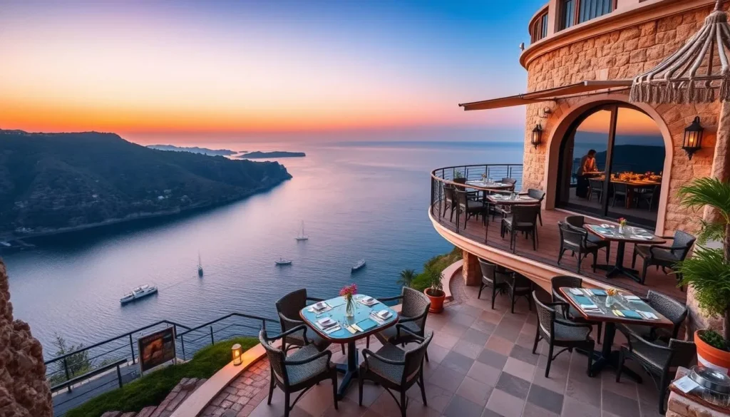Generate an image of Café Hafa perched on a cliffside with terraced seating and breathtaking views of the Mediterranean Sea.