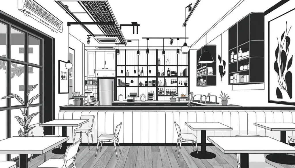 Generate an image of Café Monochrome's 2D cafe interior in Singapore