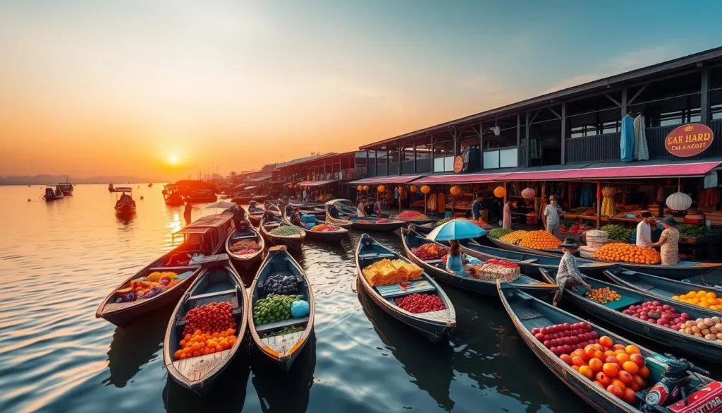 Generate an image of Cai Rang floating market at dawn with numerous boats displaying colorful fruits and vegetables.