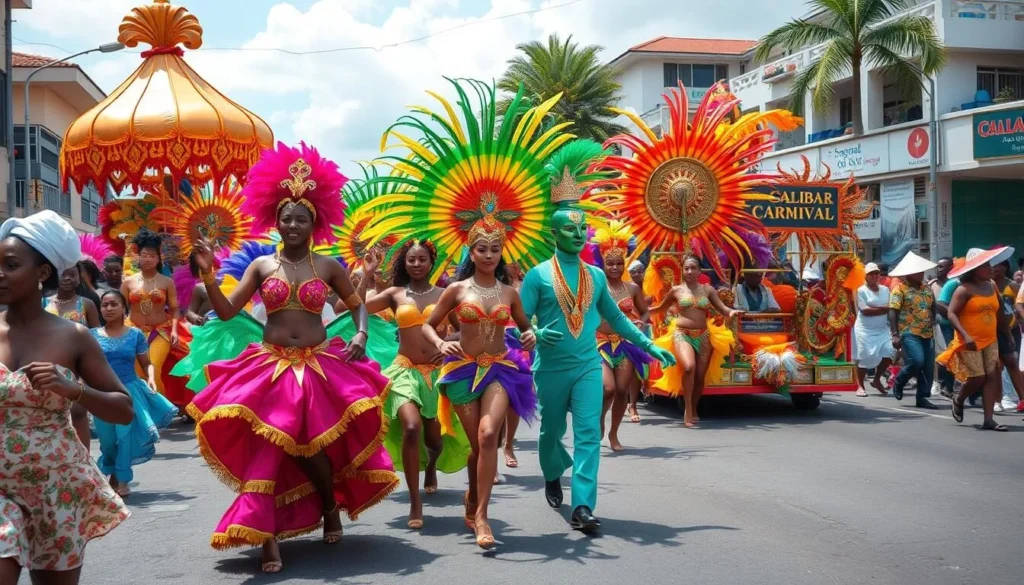 Generate an image of Calabar Carnival's colorful parade.