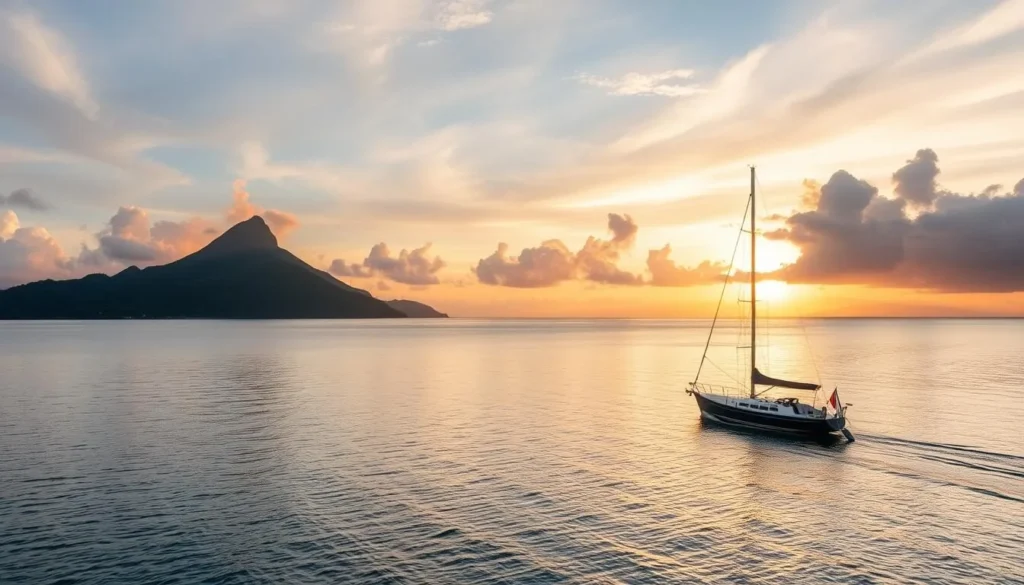 Generate an image of Camiguin Island with White Island in the background and a boat sailing towards it.