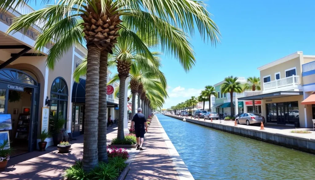 Generate an image of Canal Street Historic District in New Smyrna Beach, showcasing its palm-lined paths, art galleries, and boutique shops.