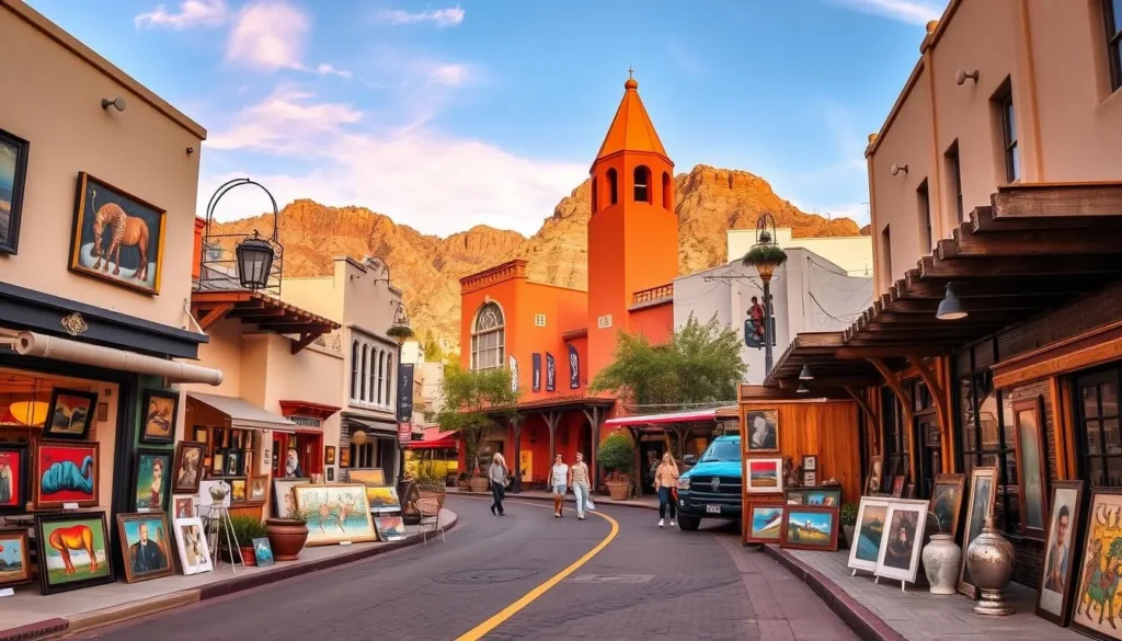 Generate an image of Canyon Road featuring various art galleries and contemporary art pieces.