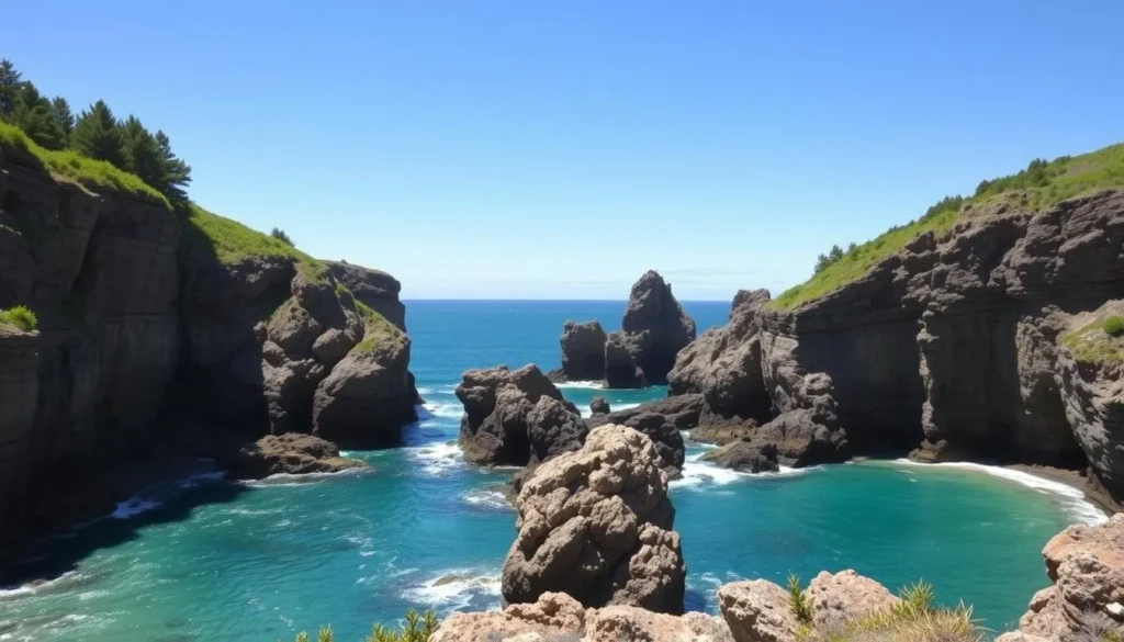 Generate an image of Cape Arago's rugged shoreline with dramatic cliffs and turquoise waters.