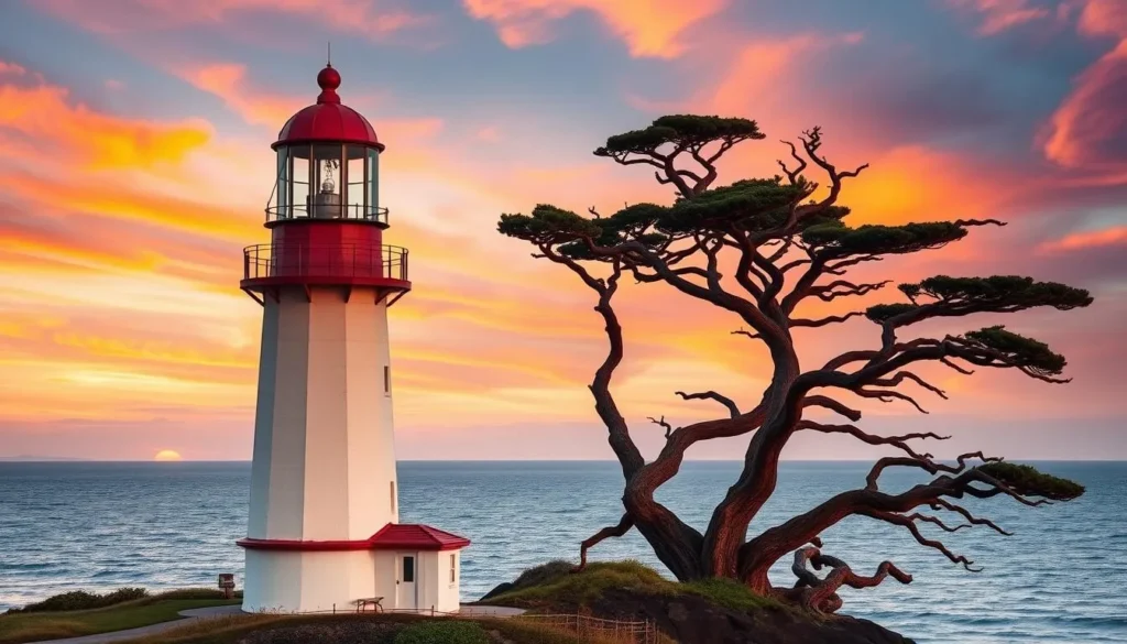 Generate an image of Cape Meares Lighthouse with the Octopus Tree in the background.