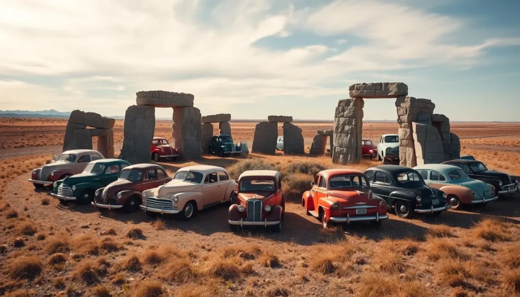 Generate an image of Carhenge with vintage cars arranged in a circular formation.