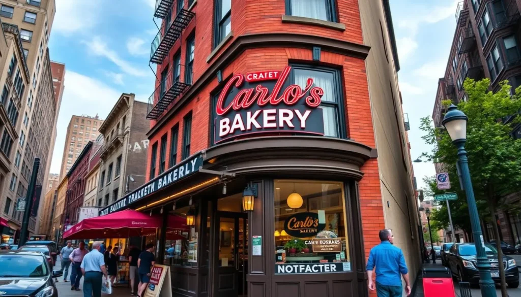 Generate an image of Carlo's Bakery exterior on historic Washington Street, Hoboken.